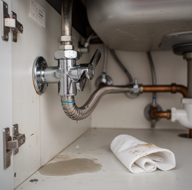 corroded brass angle stop valve with drip under sink