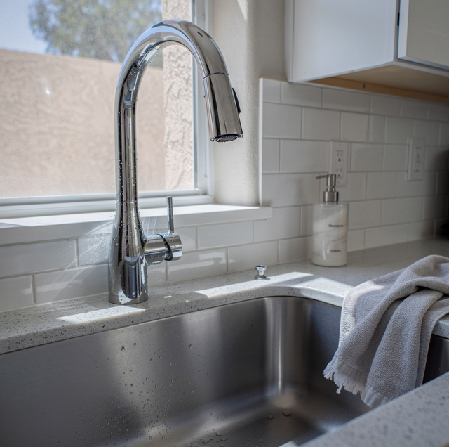 Chrome faucet over a stainless steel sink with white subway tiles and a window above.