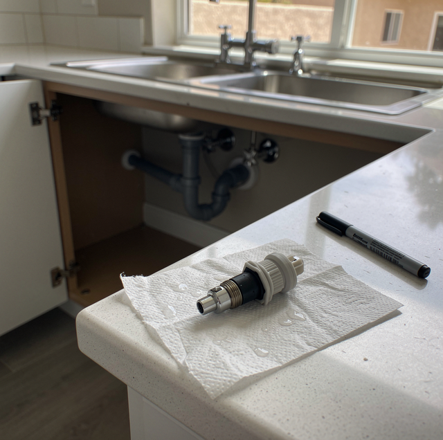 A kitchen sink with faucet and an opened cabinet showing pipes, with a cartridge on paper towel on the counter.