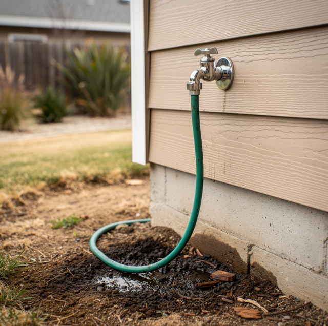 brass outdoor faucet dripping water from spout