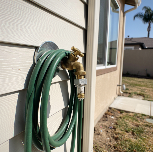 spinning outdoor faucet with detached hose connection at brick wall base