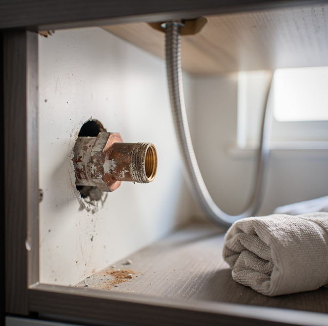 corroded faucet supply line behind wall stub-out