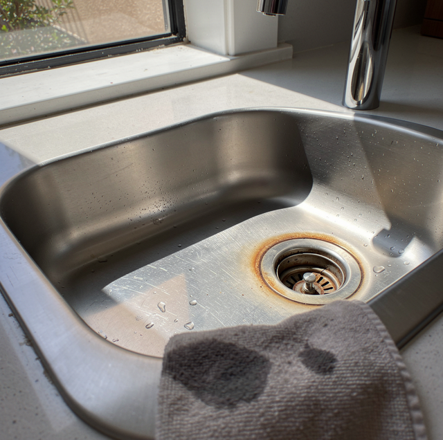 A stainless steel sink with a drain and water droplets, a cloth draped over the edge, near a window and faucet.