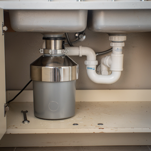 kitchen sink disposal with exposed flywheel blades