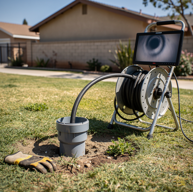 plumber watching root intrusion on sewer camera monitor