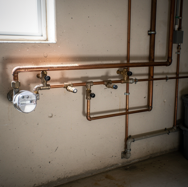 Copper and brass plumbing pipes with valves and a gas meter mounted on a concrete wall.