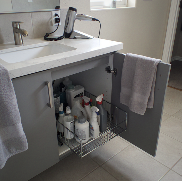 crowded bathroom vanity moved for repiping work