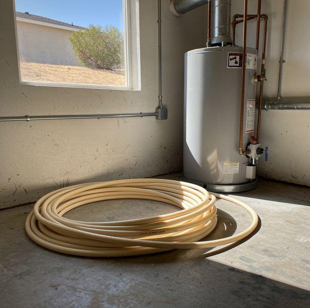 Coiled tubing on concrete floor next to a white water heater with copper pipes in an interior space with a window.