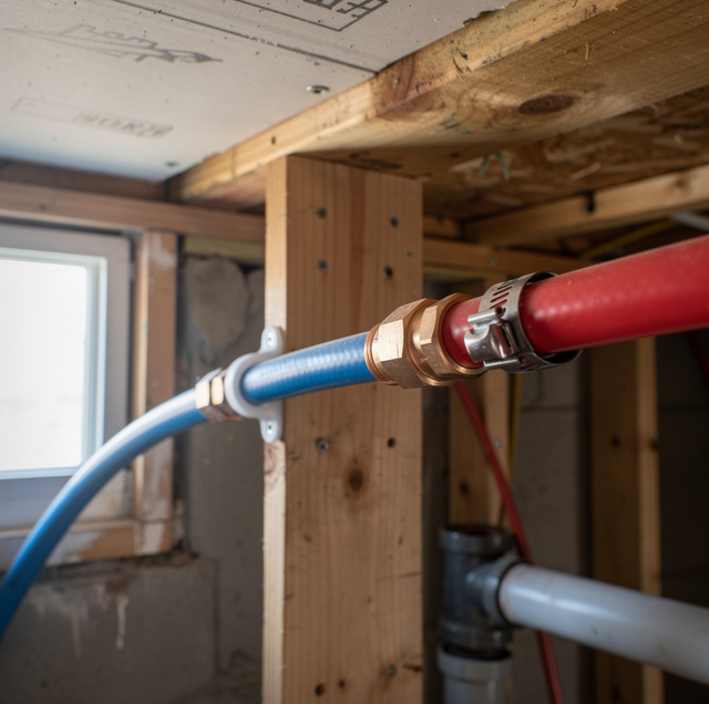 pair of PEX crimp fittings with ring tool on workbench