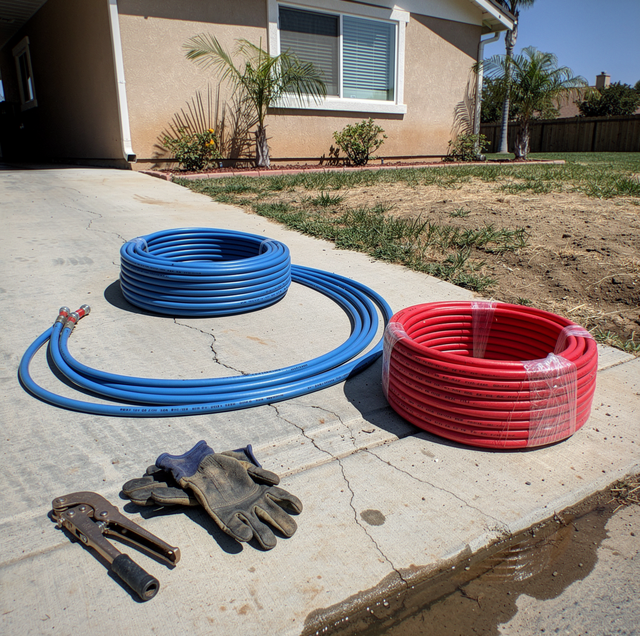 Blue and red tubing coils with work gloves and hand tools on a concrete driveway in front of a house.