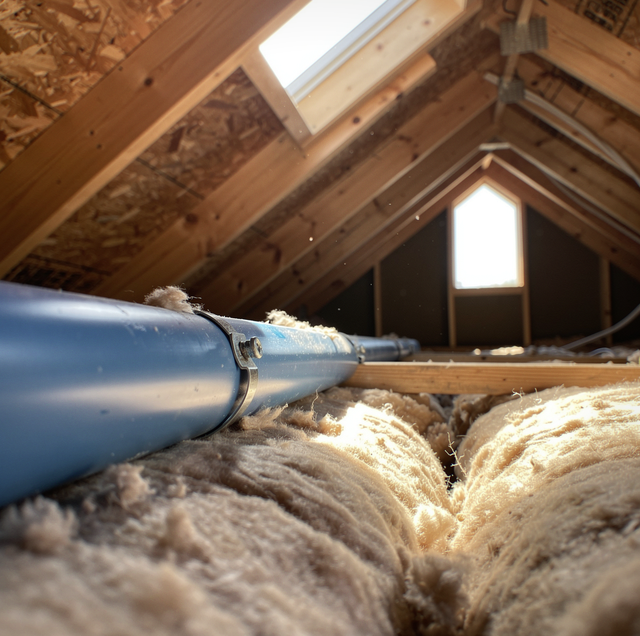 mangled blue PEX tubing baking in sunlit attic