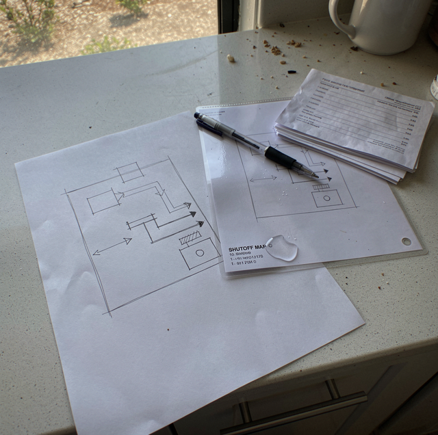 Papers with floor plan sketches, a pen, and a mug arranged on a table by a window.