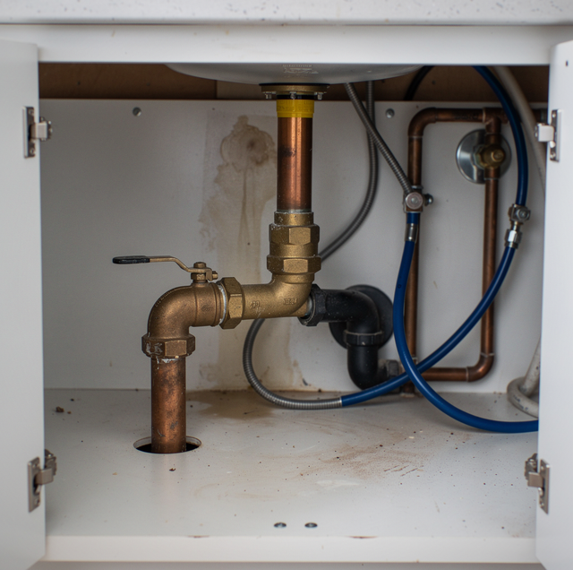 Interior of plumbing cabinet with copper and brass pipes, blue and gray hoses, and a valve with handle.