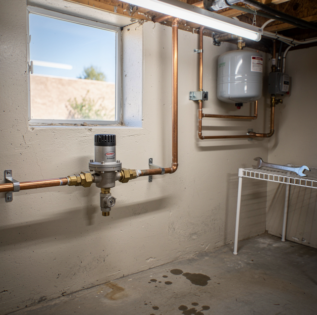 brass pressure regulator beside repiped copper manifold