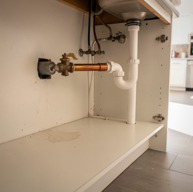 Interior of an under-sink cabinet with copper and plastic pipes, valves, and white walls.