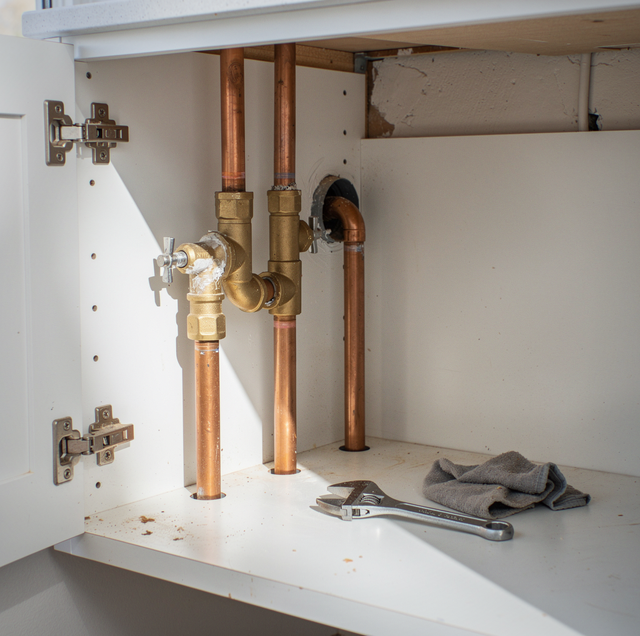 Interior of a sink cabinet with exposed copper pipes, brass fittings, a wrench, and cloth on the bottom shelf.