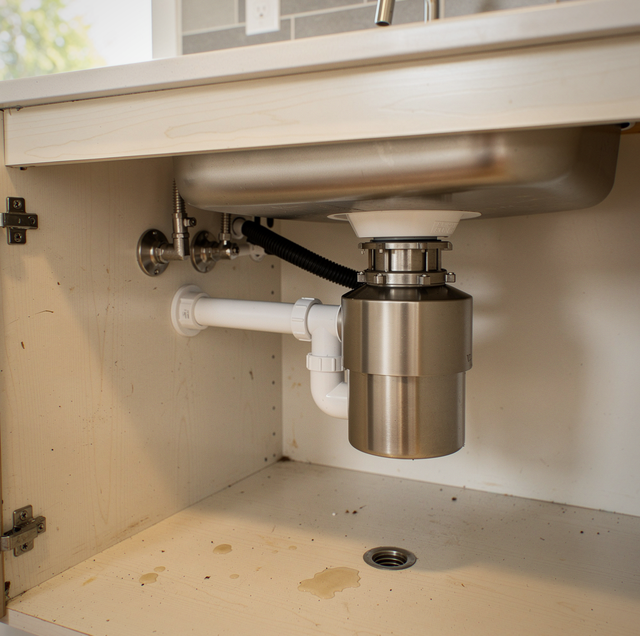 dishwasher drain hose clipping under kitchen sink ledge