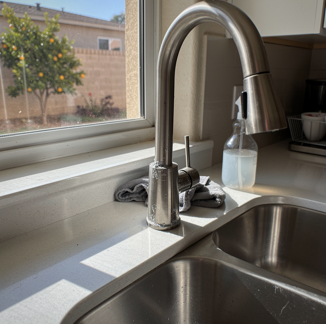 new brass faucet with white chalky mineral ring at base