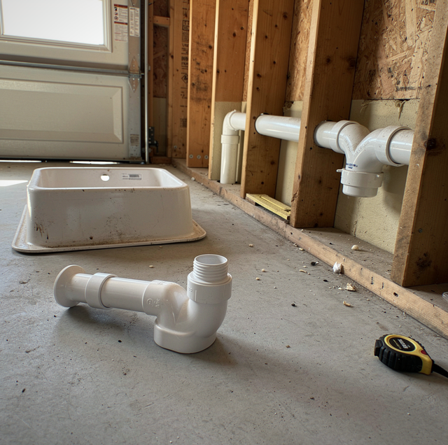 garage utility sink drain pipe under bare studs