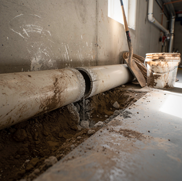 A dusty concrete room with a PVC pipe on the floor, a bucket, and a broom near a bright window.
