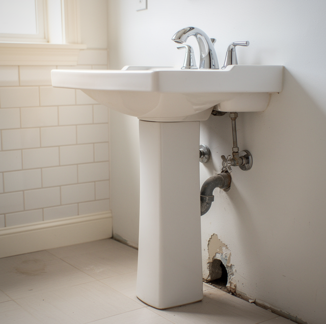 exposed pedestal sink plumbing against bare tiled wall
