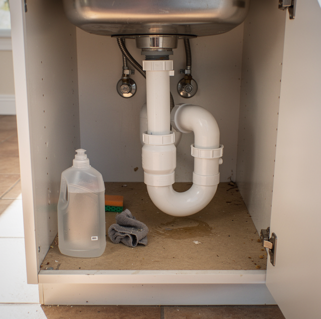 Under-sink cabinet showing metal faucet, white PVC plumbing pipes, shut-off valves, plastic bottle, and cloth on the floor.