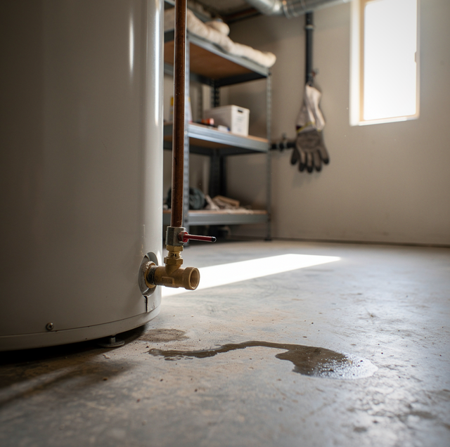 A cylindrical tank with brass valve sits on a concrete floor with a water puddle beside it in a storage room.