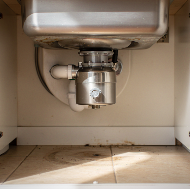 stainless steel garbage disposal with flywheel lugs exposed under sink