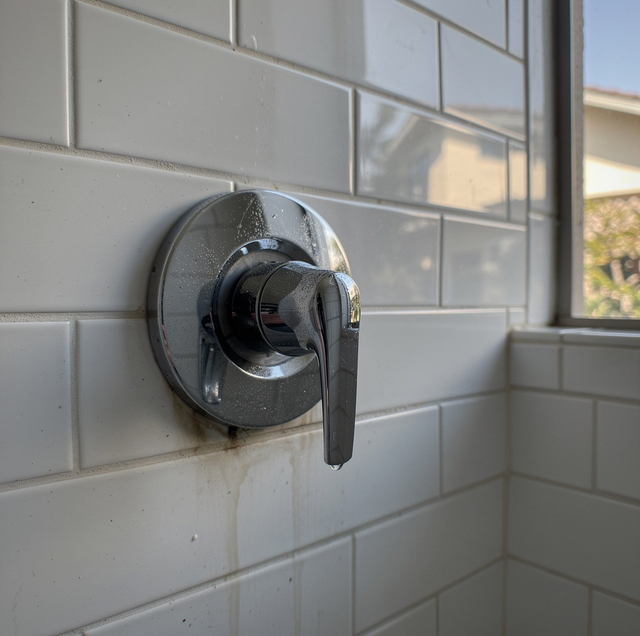 Chrome shower handle removed exposing worn brass valve cartridge