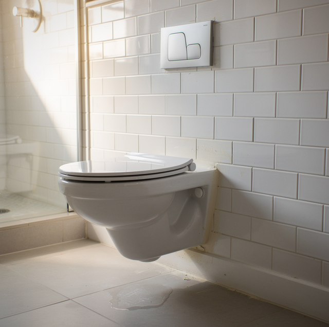 A wall-mounted toilet with seat in a bathroom with white subway tiles and sunlit window.