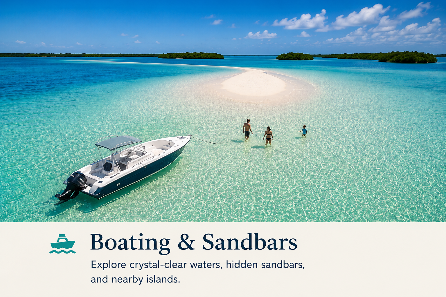 A boat anchored in crystal-clear turquoise water near a sandbar with three people wading in the shallow water, and small islands in the distance under a blue sky with scattered clouds.