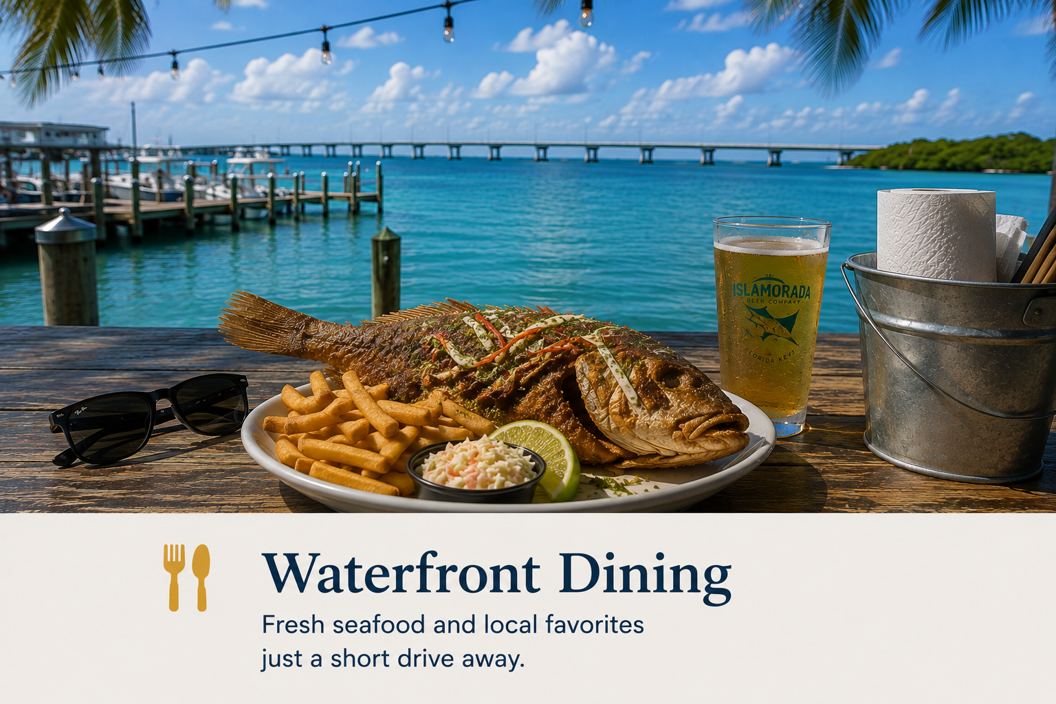 A plate of grilled fish with French fries, coleslaw, and a lemon wedge on a wooden table at a waterfront restaurant under a blue sky with clouds. There is a glass of beer, a bucket with utensils and paper towels, and sunglasses on the table. The background features a dock, boats, and a bridge over turquoise water.