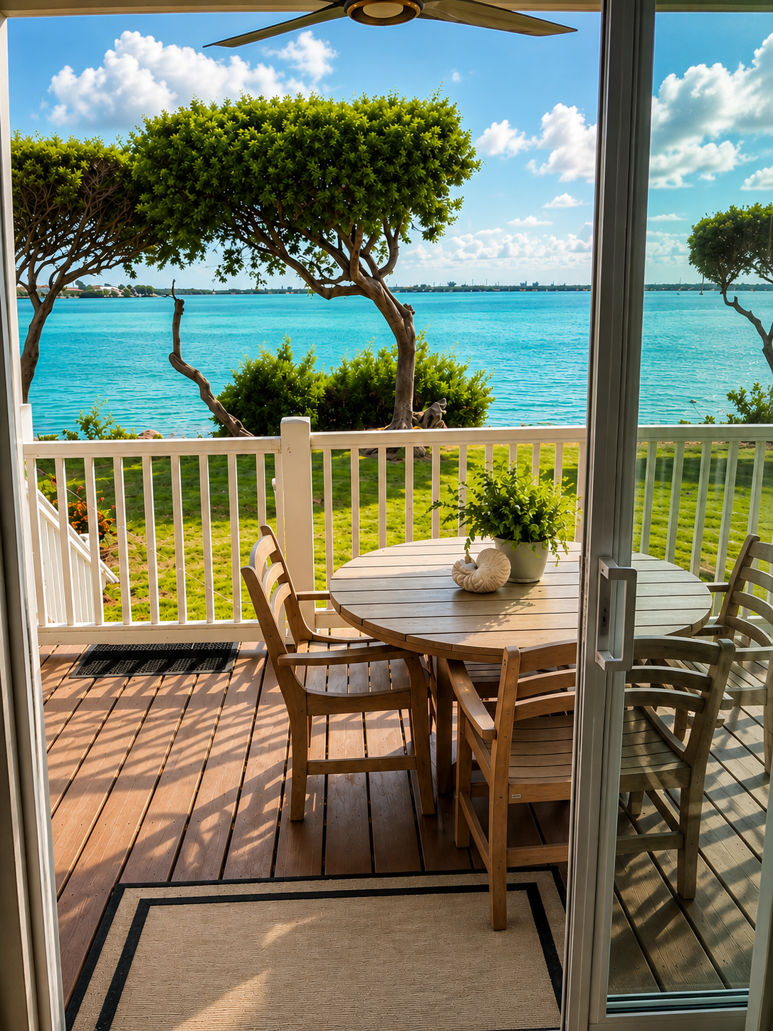 A wooden deck with a round dining table and four chairs, overlooking a lake with trees and a blue sky with clouds.