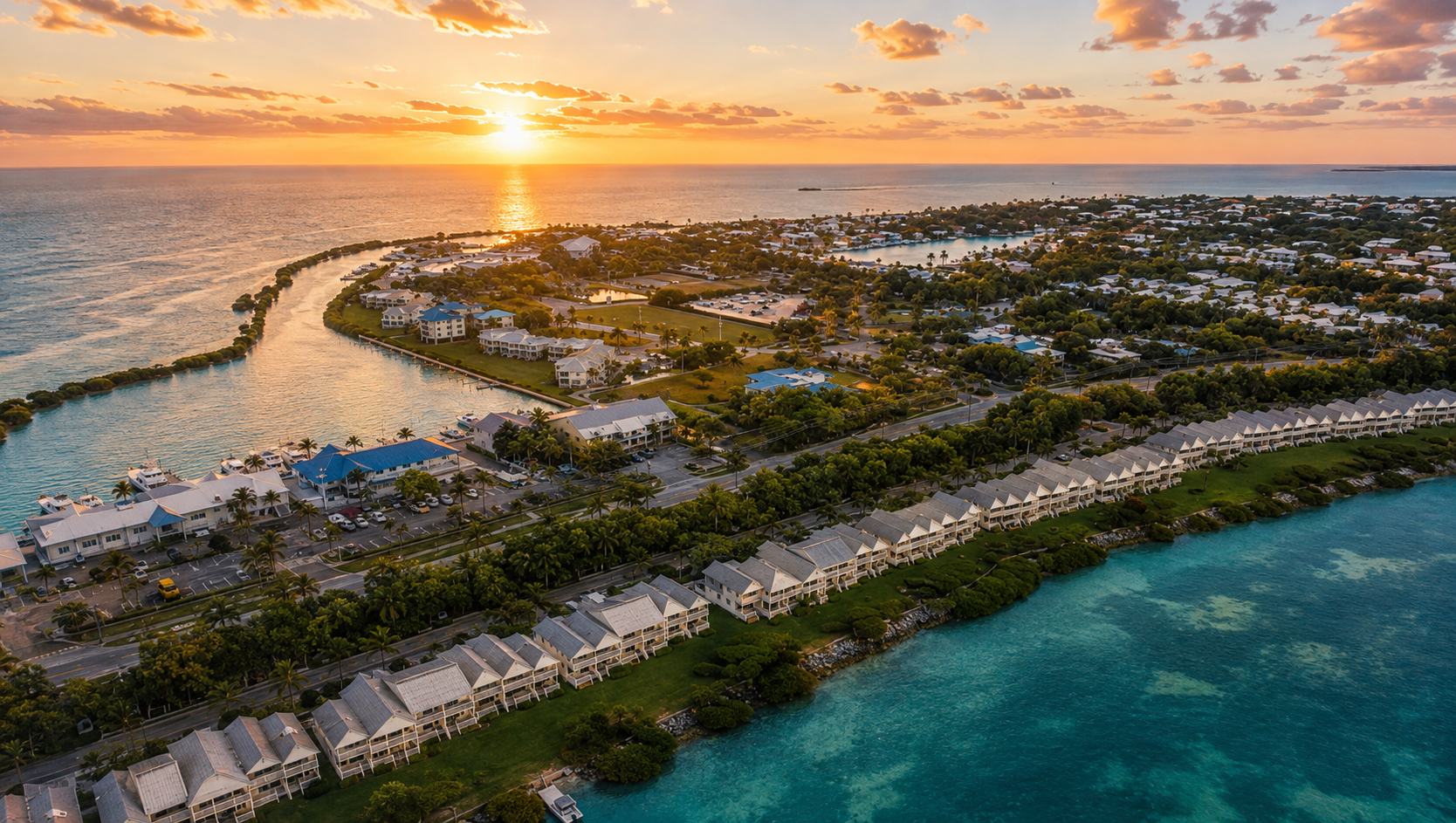 Aerial view of Duck Key at sunset with houses, hotels, water bodies, and a turquoise ocean.