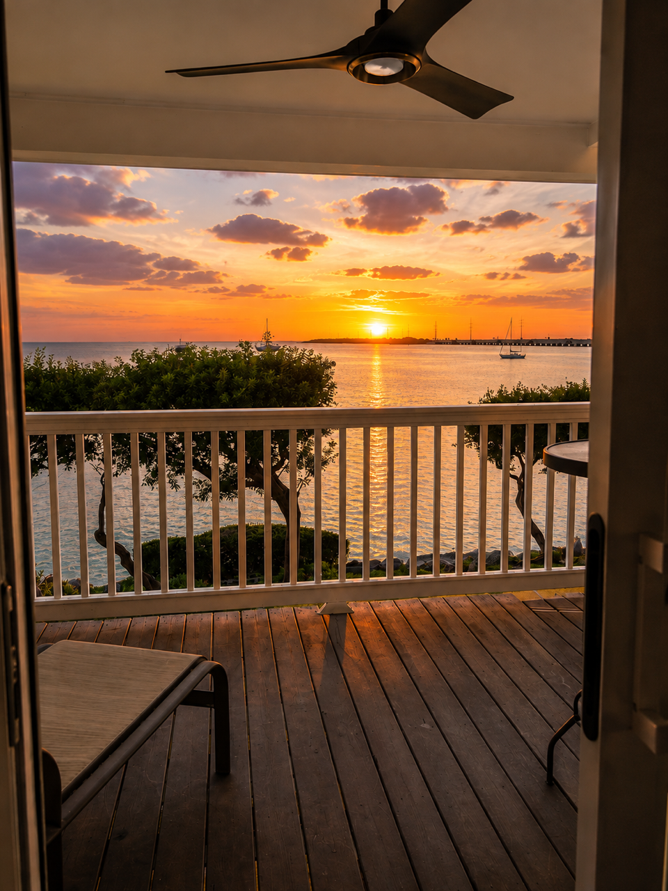 Sunset view over a water body, seen from a balcony with a ceiling fan and wooden floor.