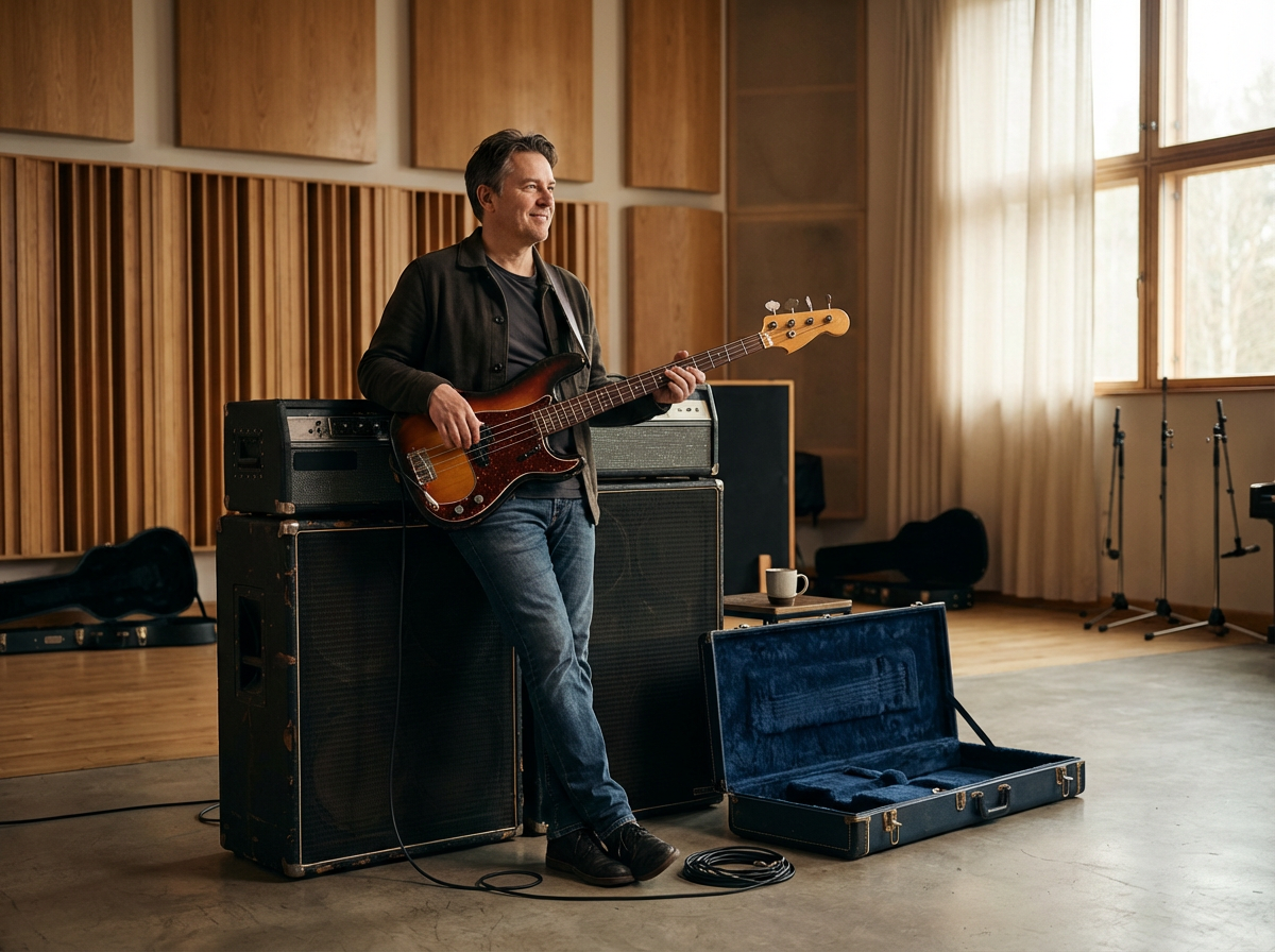 A man stands in a music studio playing a bass guitar, with music equipment and an open instrument case nearby.