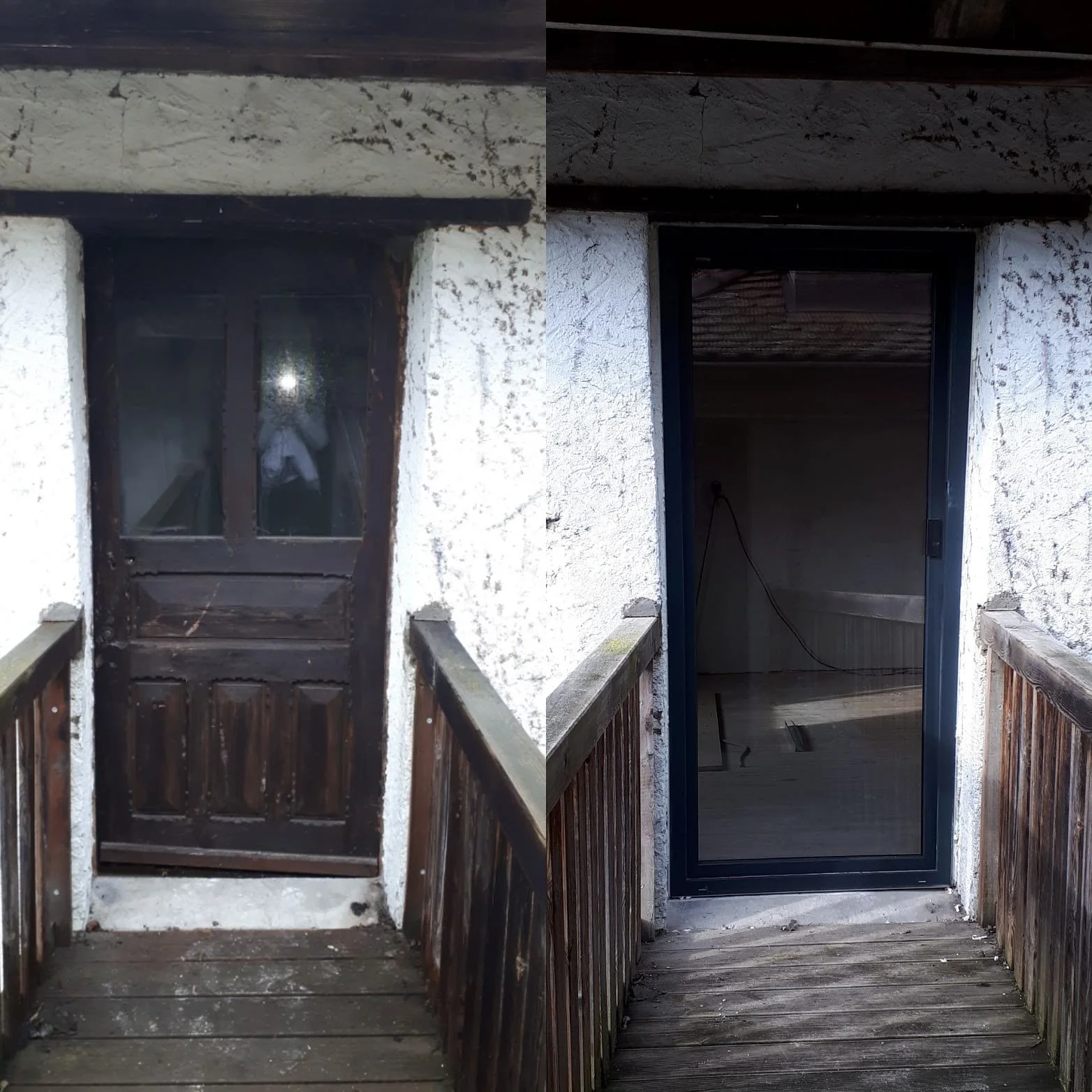 a l'étage la porte de la chambre est remplacée pour une meilleure isolation et apporter plus de lumière dans la pièce