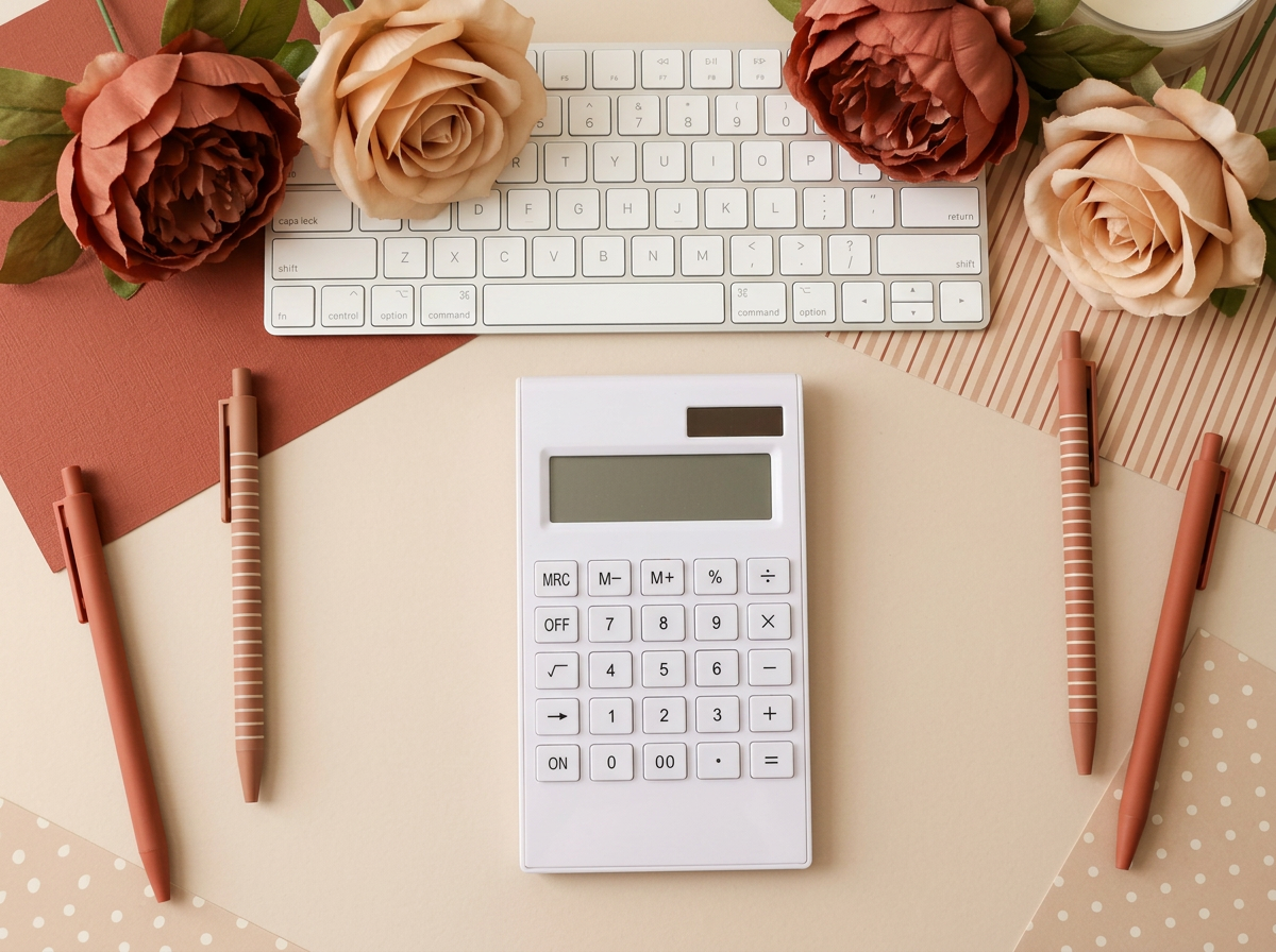 Espace de travail organisé avec calculatrice, clavier et fleurs, pour le suivi administratif des projets