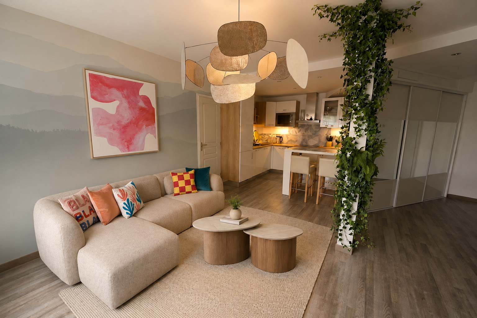 Salon après rénovation : canapé beige, table basse ronde et plante verte, aménagement optimisé