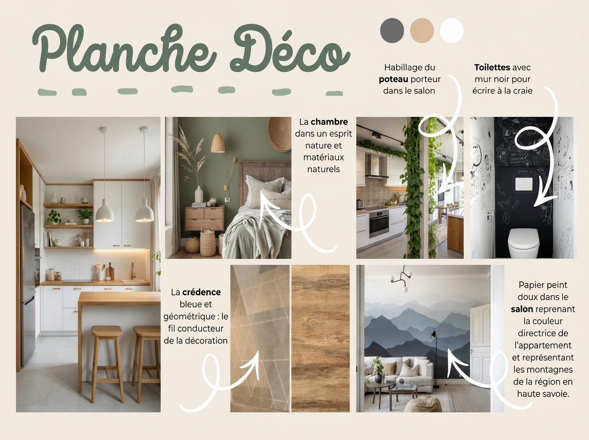 Planche d'inspiration déco : cuisine moderne, matériaux naturels et végétation