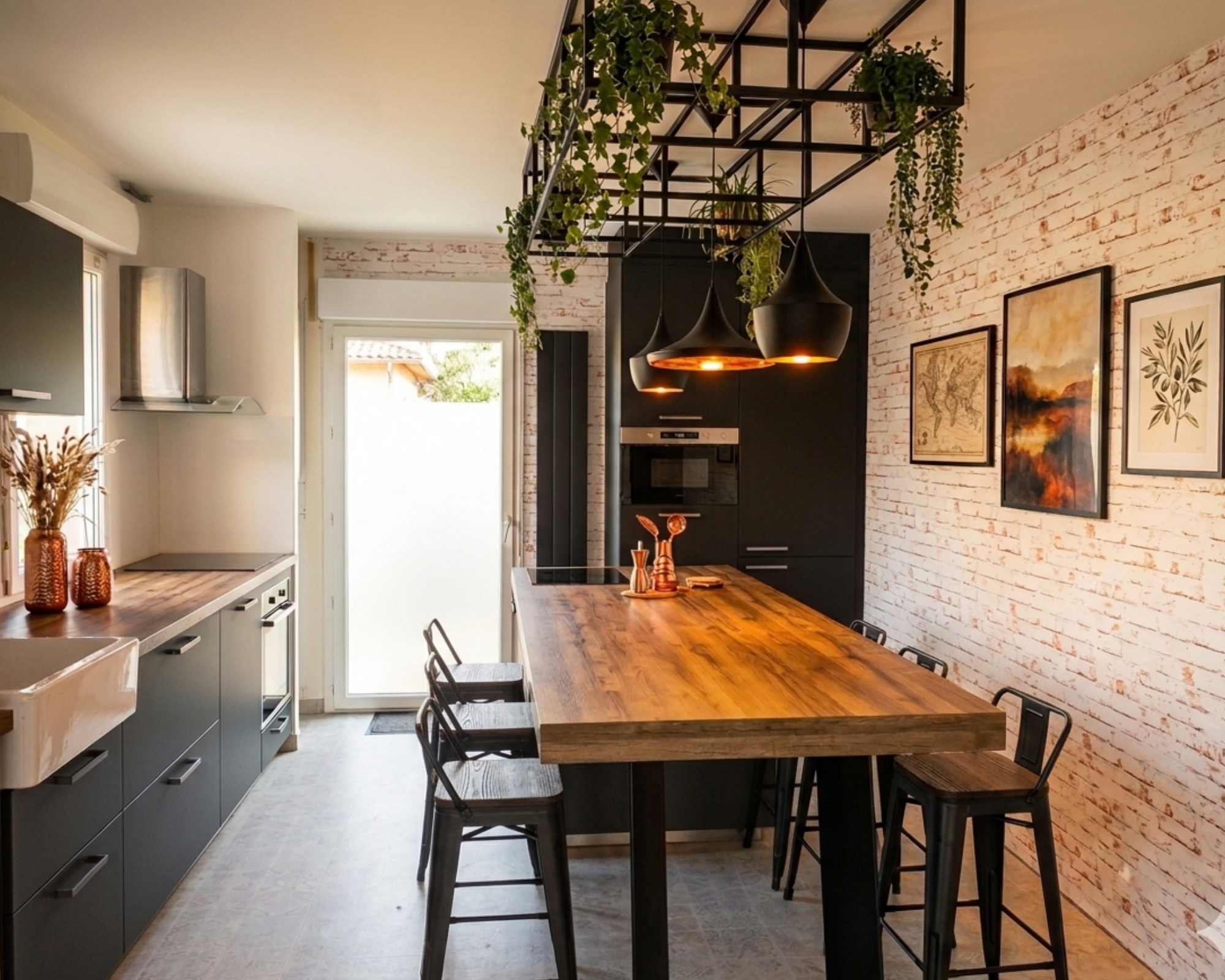 Cuisine après rénovation, façades noires, espace repas en bois et végétation