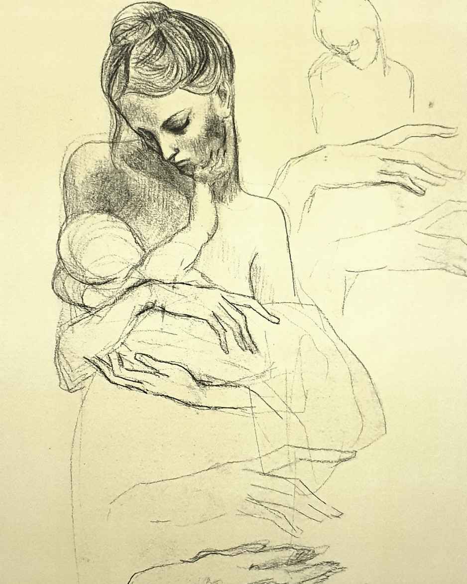 Pencil sketch of a woman with a gentle expression, holding a baby close to her chest, and a faint outline of a child or another person near her.