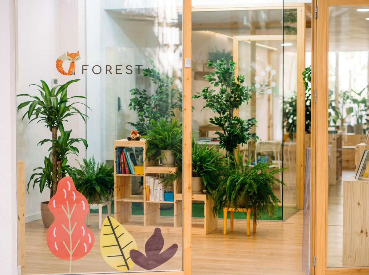 Office space with glass walls, green plants, wooden furniture, and decorative paper leaves on the glass door.
