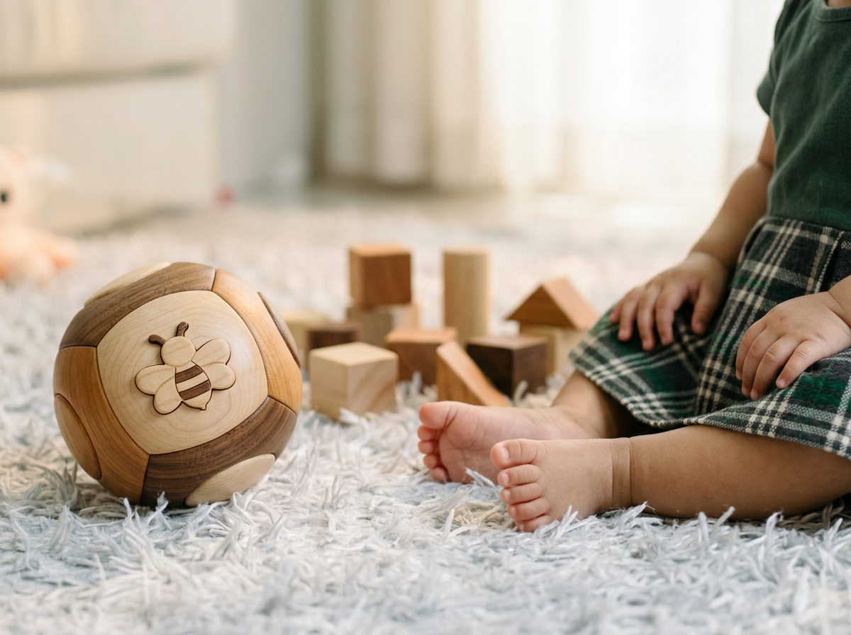 Child sitting on a fluffy white rug with wooden blocks and a wooden ball with a bee carving on it nearby.