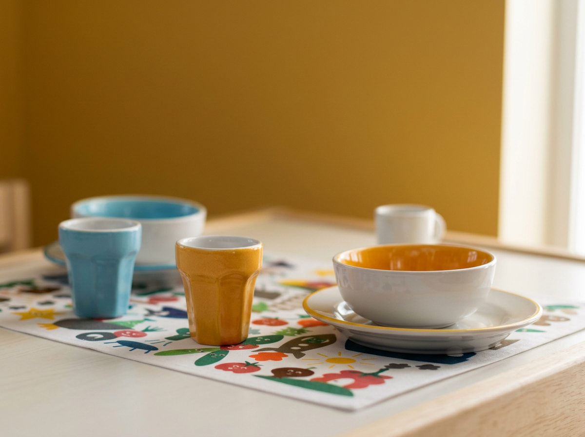Colorful ceramic dishware on a table with a festive holiday-themed tablecloth. Includes a white bowl with an orange interior, a matching matching plate underneath, a white mug, a white cup, a light blue cup, and a light blue bowl. The background is a warm yellow.