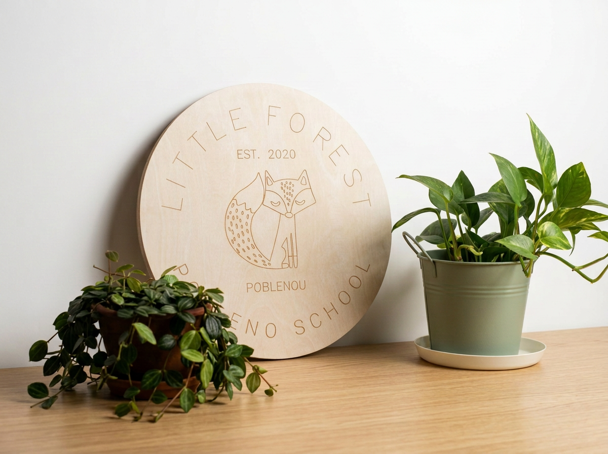 Decorative wooden sign with a fox illustration and text 'Little Forest Poblenu' and 'Eno School' displayed on a table with two potted plants, one with trailing green leaves and the other with larger green leaves.