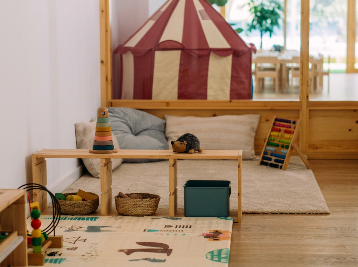 Indoor children's play area with wooden furniture, a red and cream striped canopy tent, plush cushions, toys including a stacking ring, a plush hedgehog, an abacus, baskets with toys, and a carpet with animal illustrations.