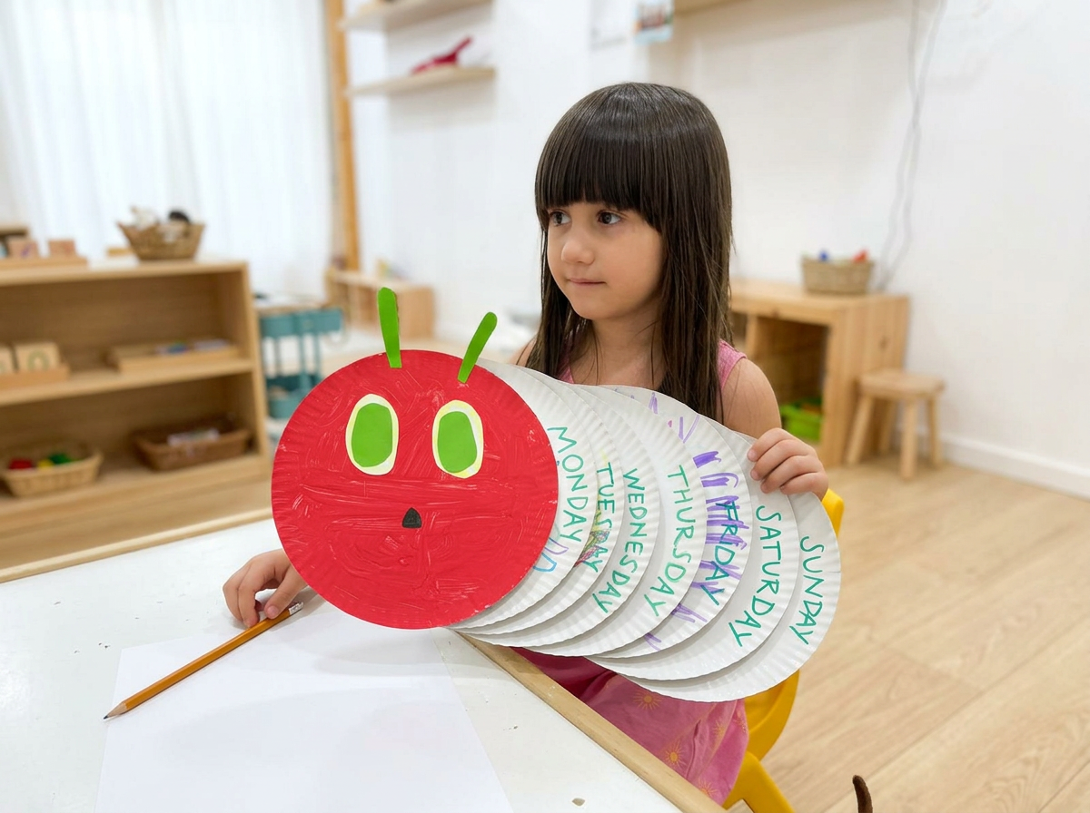 A young girl with long brown hair sits at a table holding a paper craft resembling a red ladybug with green eyes and antennae. She is in a classroom with wooden shelves and baskets in the background.