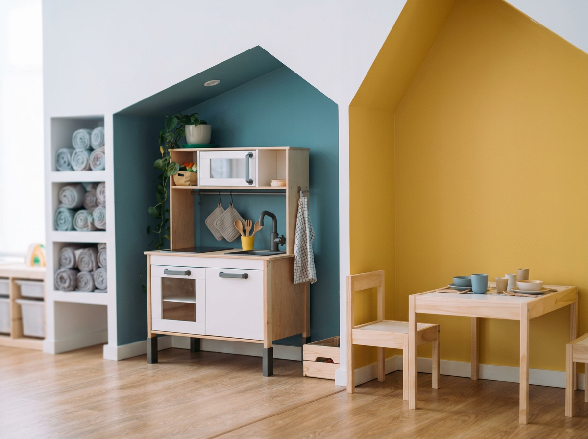 Miniature play kitchen with white and light wood finish, placed against a blue wall, with a small wooden table and chairs set against a yellow wall, featuring a tea set.