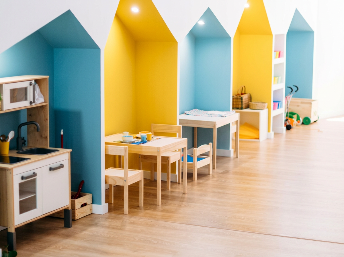 Colorful children's play area with small wooden tables and chairs, toy kitchen, and shelves filled with toys and books inside a bright room.